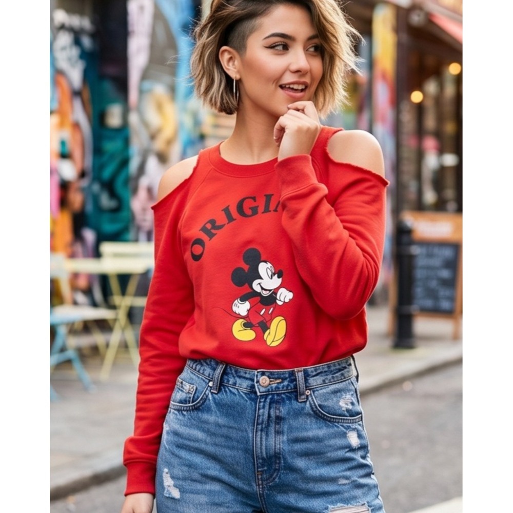 Disney XL Mickey Mouse Cold Shoulder Sweatshirt Red Graphic Pullover Raw Edges